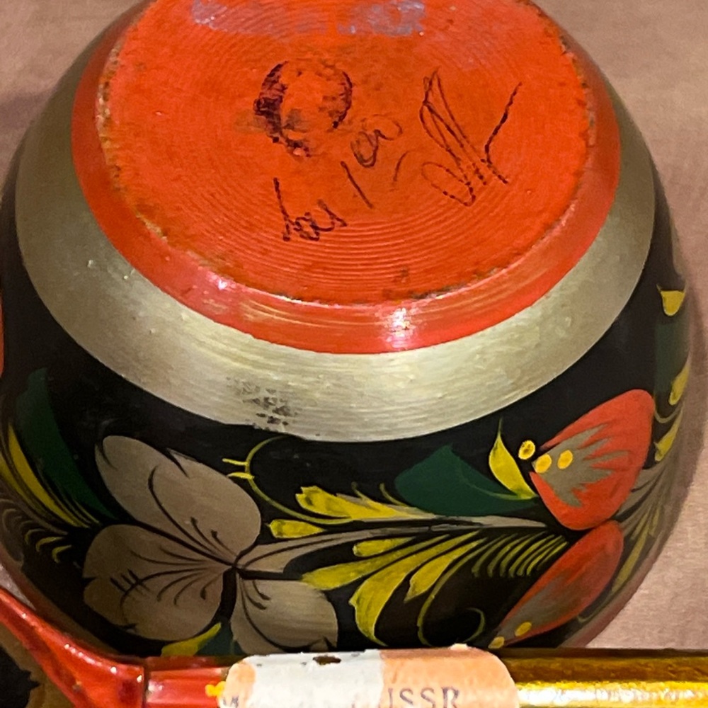 Vintage Wooden , Hand-Painted Folk art Bowl and Spoon Set, made in USSR, Used - Picture 3 of 4